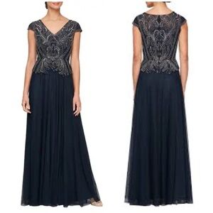 NWT Alex Evenings Beaded Tulle Cap Sleeve V Neck Bodice Ball Gown Navy Sz 6